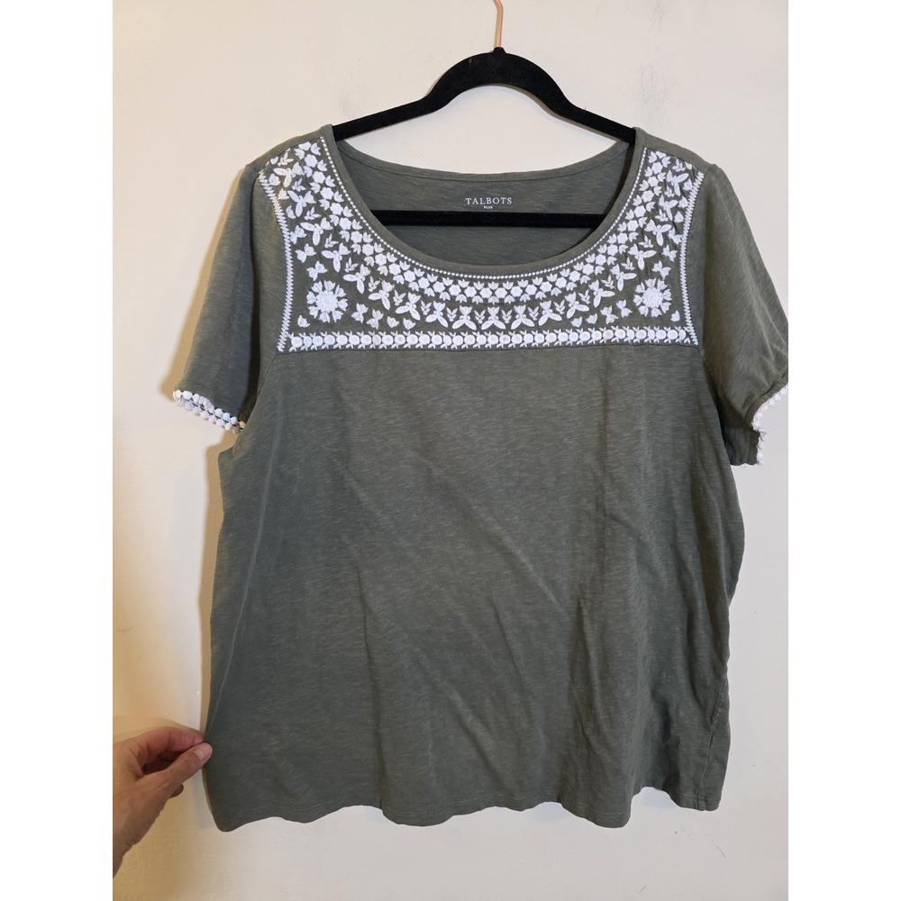 Talbots Women's 2X Greenl/White Embroidered Accent 100% Cotton Short Sleeve Top
